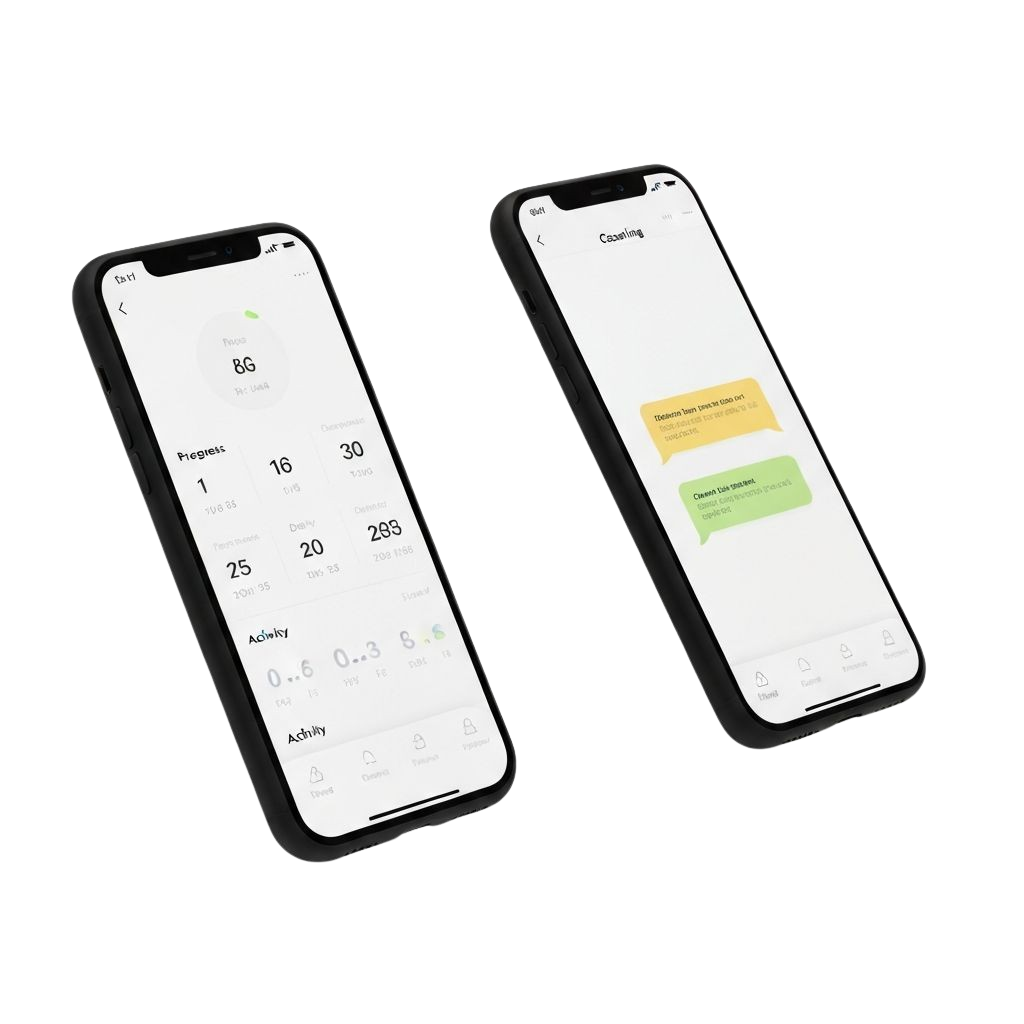Coaching app dashboard and chat on two phones